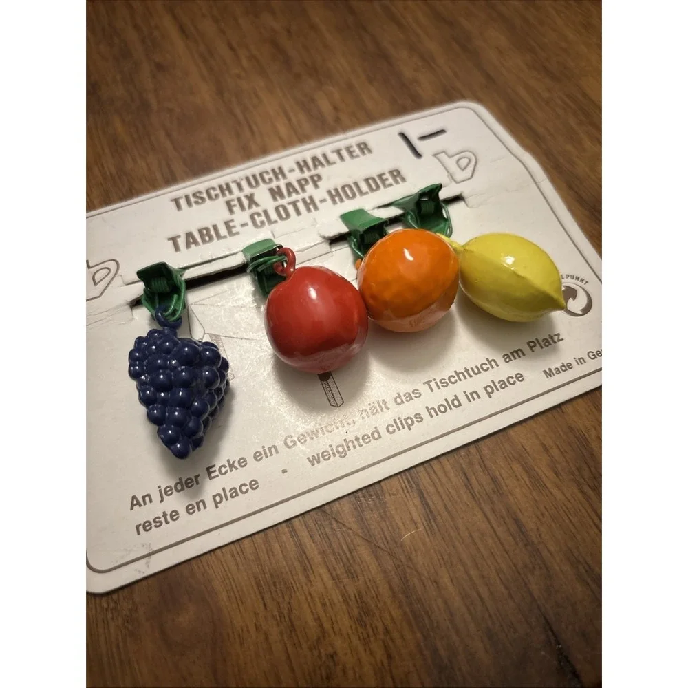 German TABLECLOTH WEIGHTS Clip-on Tischtuch Halter Grapes, Apple, Orange, Lemon